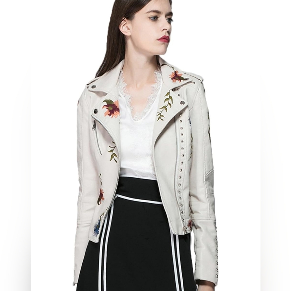 Beige Floral Embroidered Stuffed Faux Leather Moto Jacket
